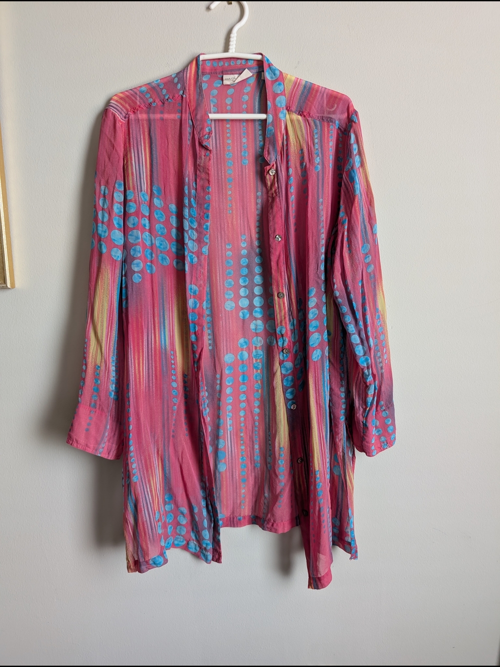 Marsh Landing Pink and Blue Abstract Print Shirt Size XL 100% Silk Swim Coverup